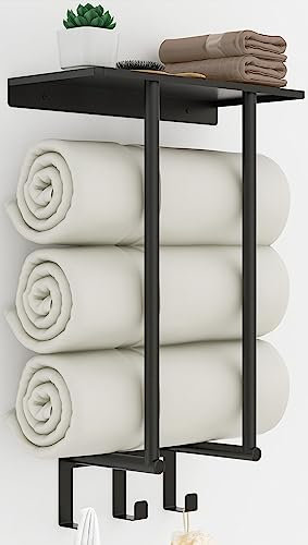 Toalleros de Baño Pared BETHOM Negro Mate 50 CM Colgador de Toallas para el Baño con Balda y 3 Ganchos Acero Inoxidable Soporte Toallas Baño de Almacenamiento para Toallas 3 Enrolladas