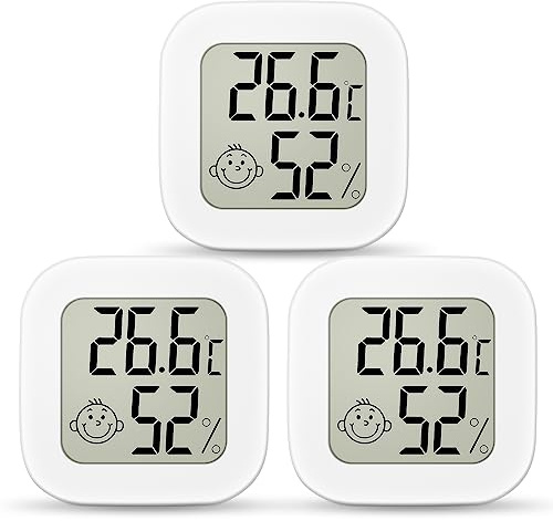 Ainiv Thermomètre Hygromètre Interieur, 3PCS Mini LCD Termometre Maison, Moniteur de Température et Humidimètre Indicateur du Niveau de Convient pour Les Chambres D'enfants, Maison, Bureau (Blanc)