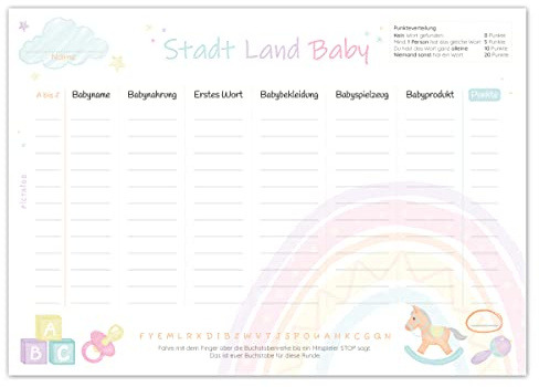 PICTALOO Stadt Land Fluss Baby Spielblock, Babyparty Babyshower Spiel, Spieleblock zum Ausfüllen für Mädchen & Junge, Geschenk Quiz Block DIN A5 mit 50 Seiten, Partyspiel (1x)