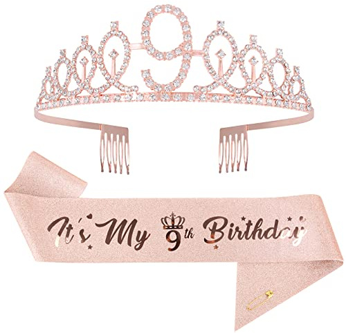 Mikccer Rose Gold 9th Birthday Sash and Birthday Tiara Crown for Girls