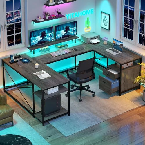 YITAHOME U Shaped Desk with Power Outlets & LED Lights, 79 Reversible L Shaped Desk with Drawers, Corner Computer Desk Office Desk with Monitor Stand & Storage Shelves, Grey