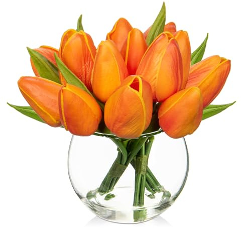 Oairse 14pcs Small Artificial Flower in Vase Real Touch Faux Tulips Flower in Cube Glass Vase with Faux Water Mini Orange Tulip Bouquet Arrangement for Home Wedding Table Centerpiece Decor