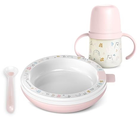 Suavinex, Set pappa calda con Piatto Termico, tiene caldo il cibo: cucchiaio in silicone + tazza con manici e beccuccio in silicone + piatto termico, +6 mesi, My Family Rosa