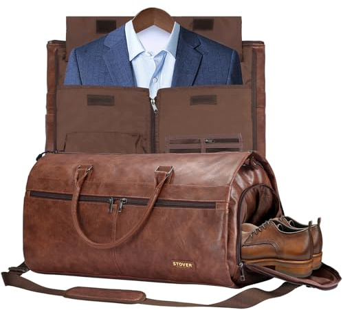 STOVER Garment Travel Duffle Bag, Large 2-in-1 Convertible Carry-on Luggage for Men & Women- Hanging Suits, Dresses & Clothes + Shoe Compartment- Weekender Tote Combo Duffel (Brown Leatherette)