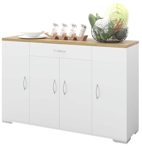 Amveya Mueble Auxiliar de Cocina Aparador Cocina Moderno Blanco 110 x 30 x 70 cm con Cajón y 4 Puertas Armario Cocina Almacenaje Mueble Bajo con Estantes Ajustables Comedor Salón Entrada