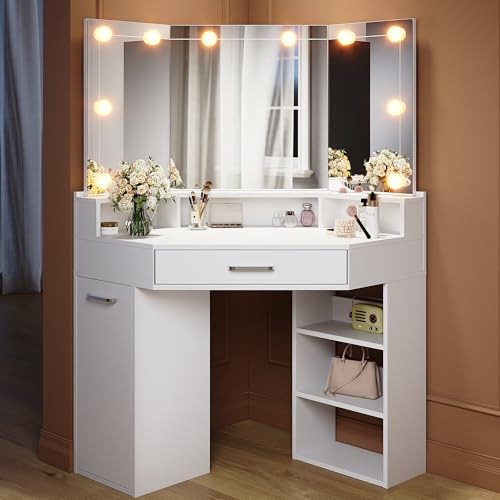 Eckschminktisch mit Spiegel klappbar Litchmodi einstellbare Großer Stauraum | B110xT54xH141.5cm 3 Litchmodi einstellbare Helligkeit mit Schubladen und Offenes Ablagefach Weiß