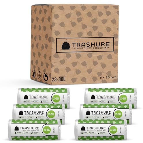 Trashure Müllbeutel - 23/30 L - Geeignet für Brabantia Mülleimer Code G - 6 Rollen x 20 Stück - 23-30 Liter mit Zugbandverschluss