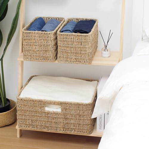 Sukkiri Homu Handwoven Clothes Basket Laundry Basket Large Wicker Storage Baskets for Shelves Blankets Closet Storage Bins Car Bedroom Bathroom Organizers and Storage Bath Pack of 3