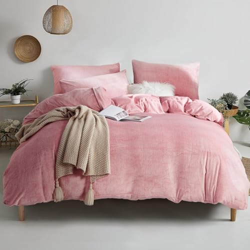 YASMENG Housse de Couette Flanelle 240x260 Hiver Chaude Rose Velours Laitier Parure de Lit Polaire Doux Douillet Duveteux Linge de Lit 2 Personne avec Fermeture Éclair et Taies d'oreiller 65x65 cm