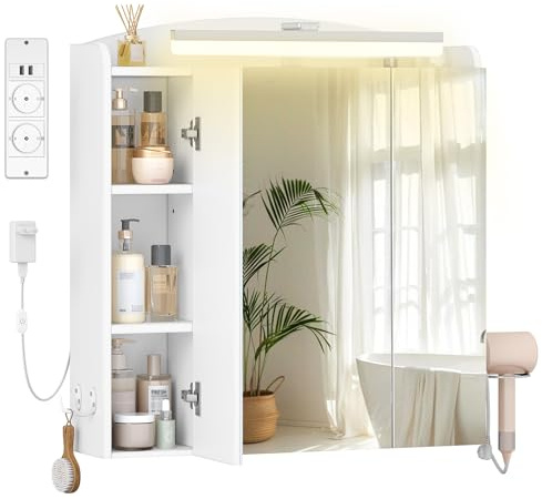 Hzuaneri Spegelskåp med LED-lampor och uttag, Spegeltoalettskåp, Väggkabinett med Hörtorkhållare, Hänger, Växel och Laddningsteknik, Väggskåp med justerbara Nivåer, 16,5 x 70 x 75 cm MC00603XEU