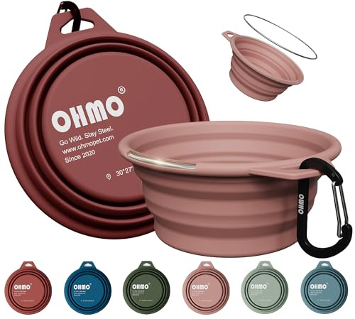 OHMO Hundskål vikbar med rostfri ring, 2 stycken 350 ml premium silikonskål för hundar och katter, robusta reseskålar för utomhus, camping, vandring