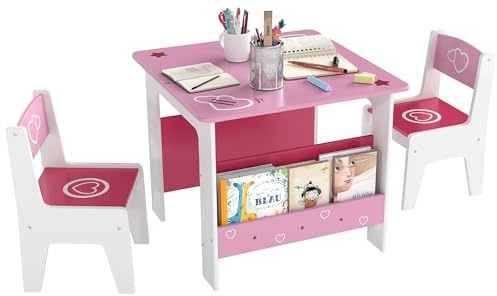 AIYAPLAY Kids Table and Chair Set with Bookshelves, 2 Chairs 3 Pieces Pink