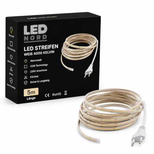 LED Nord COB LED Streifen 230V 5m Neutralweiß 4000K, dimmbarer LED Lichtstreifen IP67, 10W/m, bis 1100 lm/m, schneidbar alle 12,5 cm, selbstklebend, für innen und außen