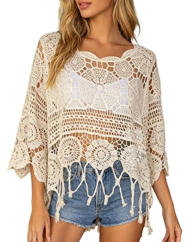 Générique Haut Crochet Femme Sexy Hollow Out Col Rond Manches Courtes Tricot Pull Décontracté Léger Respirant D'été Pull Femme Grande Taille Ample Sweat pour la Plage, Vacances, Quotidien