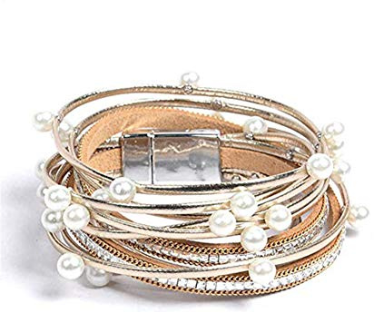 Artilady Leather Wrap Bracelet for Women - Handmade Clasp Bangle Bracelet with Pearl Beads Crystal Wristbands Christmas Jewelry Gift for Ladies and Mother