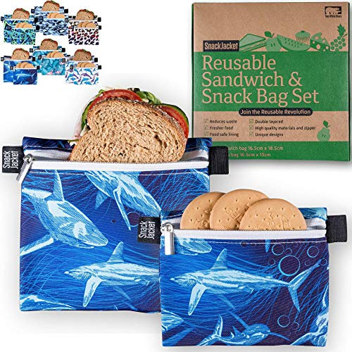 Reusable Sandwich & Snack Bags - by SnackJacket | Set of 2 | Eco Friendly Lunch Bags | 1 Tree Planted | Zero Waste Alternative to Plastic, Cling Film and Tin Foil. (Sharks)