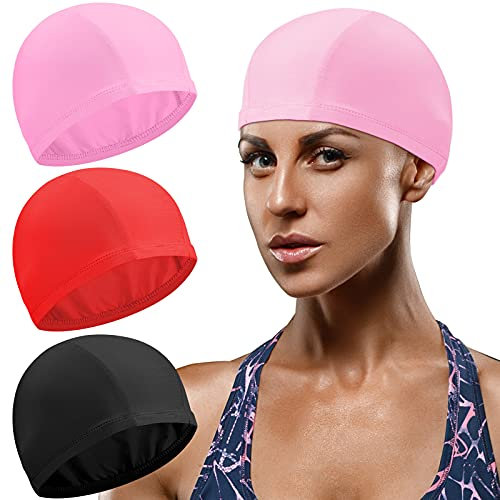 3 Stücke Einfarbige Badekappe Nylongewebe Schwimmmütze Unisex Badekappe Anti-Rutsch Schwimmbad Kappe für Langes und Kurzes Haar Bad Schwimmen und Sportler (Schwarz, Rosa, Rot)