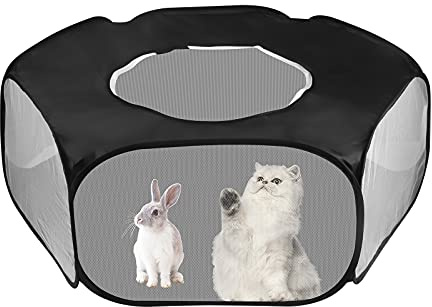 Small Animal Playpen Foldable Pet Tent Fence Cage with Zippered Cover Breathable Transparent Pop Up Pet Exercise Pen for Guinea Pig Rabbits Hamster Chinchillas Hedgehogs Kitten Puppy (Black)