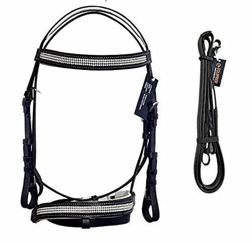 Equipride Bling Crystal Trensenzaum mit Leder Anti-Rutsch Gummigriff Zügel (schwarz mit weiß gepolstert, voll)
