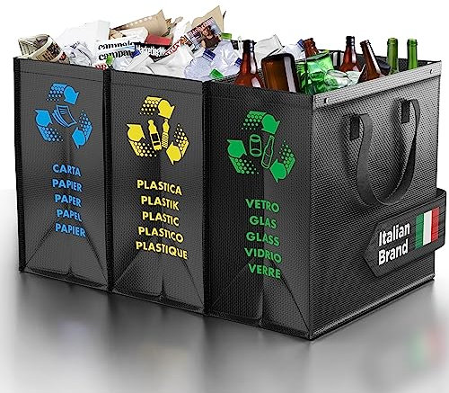 PTMS® Borse Raccolta Differenziata - 3 Bidoni Differenziata da Interno ed Esterno per Carta, Plastica e Vetro - Set Bidoni per Raccolta Differenziata Interno in Colore di Riciclaggio
