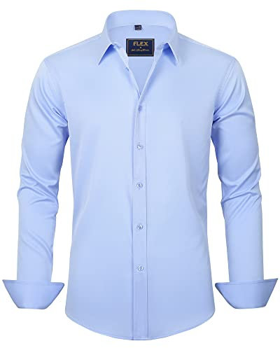 J.VER Men's Blue Formal Shirt Long Sleeve Regular Fit Business Casual Dress Shirt Solid Button Down Wedding Work Stretch Non Iron L