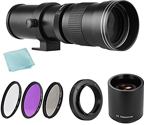 Andoer Caméra MF Super Téléobjectif Zoom F/8.3-16 420-800 mm T Mount + Accessoire Set de filtres UV/CPL/FLD +2X 420-800mm Teleconverter Lens + T2-AI Bague adaptateur de remplacement