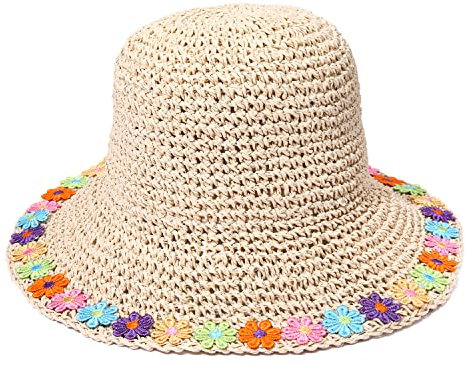 vokone Sonnenhut für Damen, bestickt, Blumenbesatz, Stroh, Eimer, Sonnenhut, verstaubar, Schlapphut, Sommer, Strandhut, Reisezubehör, Beige, M/L