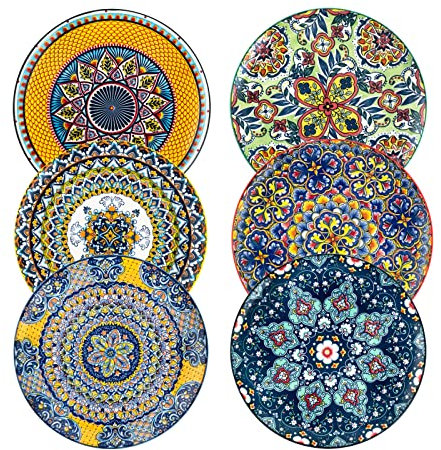 HENXFEN LEAD Platos de Ensalada de Porcelana, Platos de Desayuno de Colores de 27 cm Platos de Postre de Cerámica, Juego de 6 Platos Redondos Grandes con Patrón y Colorido - Estilo Bohemio