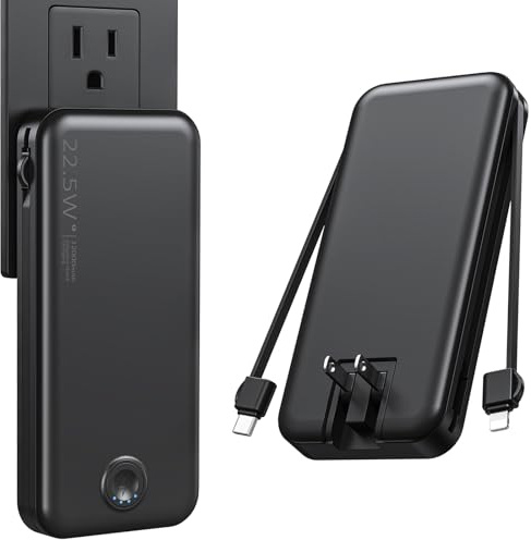 Nusyddy Portable Charger, 12000mAh 22.5W Fast Charging Power Bank with Built-in Cables & Wall Plug, Travel Essentials External Battery Pack, USB C Battery Phone Charger for iPhone, iPad, Samsung Black