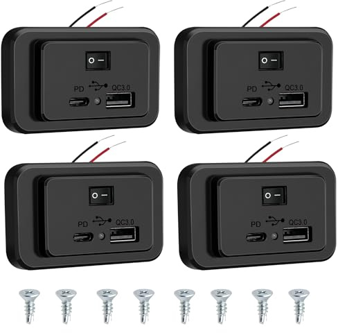Hoembpn 4,8A Dual USB Auto Ladegerät Steckdose mit Schalter und LED, 12V/24V PD und QC3.0 USB Ladebuchse Panel für Wohnmobil SUV LKW Marine(4 Stück)