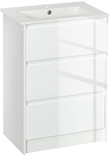 kleankin Meuble sous-Vasque avec lavabo céramique Meuble Rangement Salle de Bain avec 2 tiroirs 61 x 37 x 88 cm, laqué Blanc Brillant