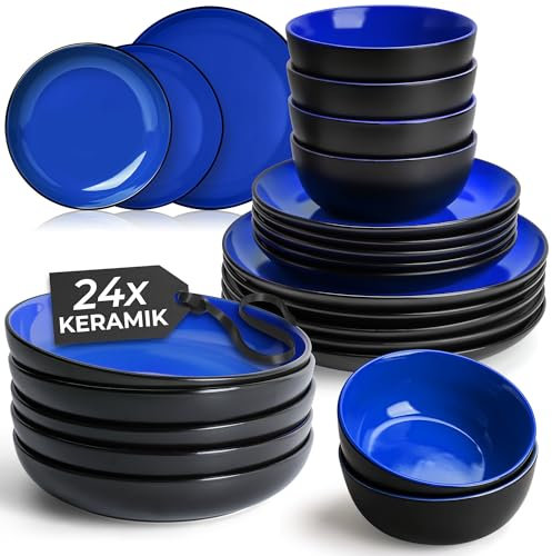 MIAMIO – Juego de Vajilla de 24 Piezas para 6 Personas/Vajilla de Gres – Incluye Platos, Platos Hondos y Tazones – Apto para Microondas y Lavavajillas – Colección Le Papillon (Azul)