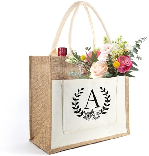 Tarklanda Jutetasche mit Initial, Jute Shopper Bag Frauen, Einkaufstasche Alphabet, Jute Tote Bag, Geschenk für Damen, Frau, Freundin zum Geburtstage, Muttertag, Hochzeit (A)