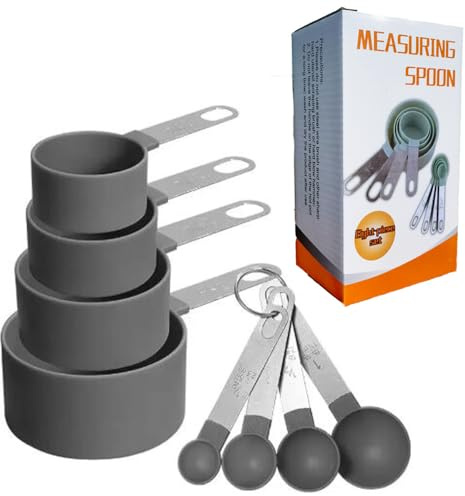 2 Boxes 8 Pieces Measuring Cups and Spoons Set,Nesting Measure Cups with Stainless Steel Handle, for Measuring Dry and Liquid Ingredients Small Teaspoon with Plastic Head (Grey)