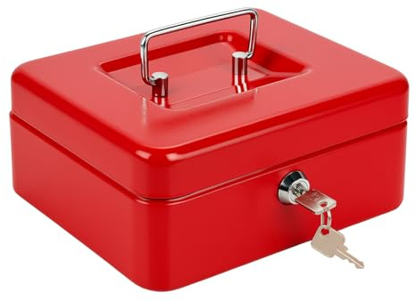 Best House | Metal Coin Box | Petty Cash Box Supplied with 2 Keys | 10 Inch | RED | Pack of 1 | Lockable Portable with Removable Change Tray for Home, Office, and Events