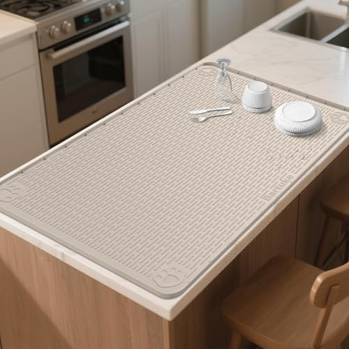 Kalolary Silicone Dish Drying Mat for Kitchen Counter, Extra Large 40 x 28 Coffee Bar Mat, Silicone Under Sink Mat with Raise Edge, Drying Drainer Pad for Countertop Non-Slip Easy to Clean (Khaki)