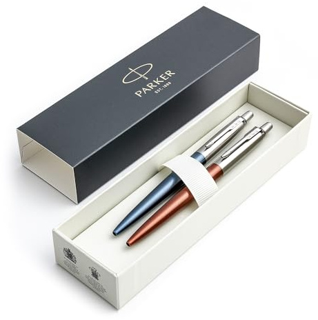 Parker Jotter Kugelschreiber-Set, Chelsea Orange und Waterloo-Blau, mittlere Spitze, blaue Tinte, Geschenkbox