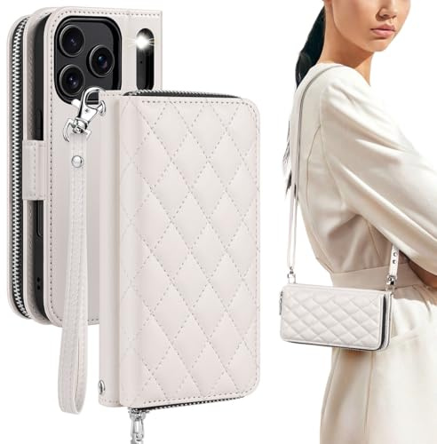OCASE Portefeuille avec Fermeture Éclair pour iPhone 17 Pro Blanc Piqué | Coque en Cuir PU avec Anti-RFID Porte-Cartes, Support Intégré, Rabat Zip Non Amovible, Protection Antichoc