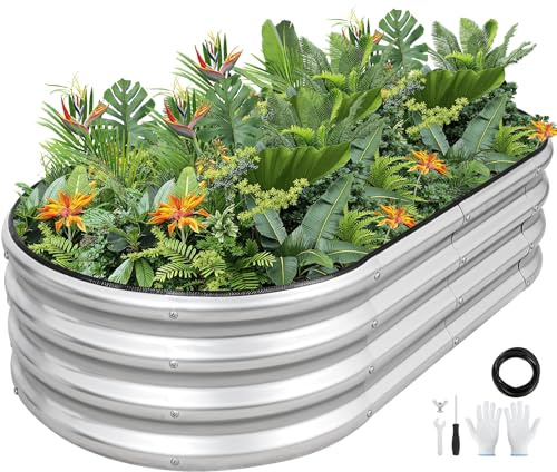 Galvaniserad metall upphöjd trädgårdssängsats – 4 x 2 x 1 fot utomhus planteringslåda med säkerhetskant och handskar för grönsaker, frukt, blommor. Silver – 1 pack