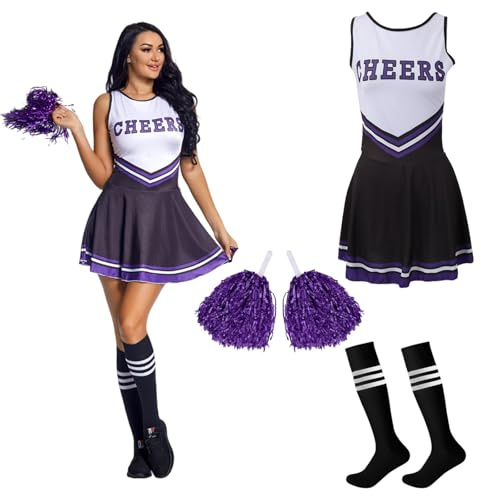 MUNSKT Cheerleader-Kostüm, Cheerleader-Outfit mit Pompons, Cheerleader-Kostüm für Damen und Mädchen, Uniform, Highschool-Kleid, Cheerleader-Outfit, Erwachsenenkostüm