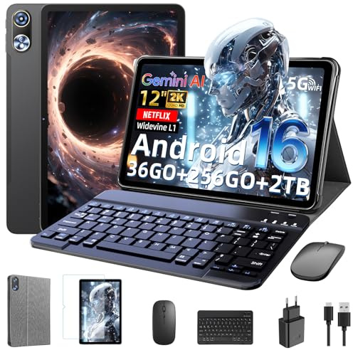 Raemond 12 Zoll Tablet mit Tastatur, Android 16 mit Gemini AI, 36GB RAM + 256GB ROM (2TB TF) 2000 * 1200 FHD 90Hz Display, Unisoc T7250 Octa-Core, 8MP+20MP Duale Kamera, Face ID, (Grau)