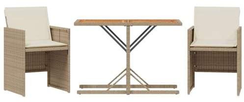 Qnhdfrt 3-TLG. Bistro-Set aus Poly-Rattan und Akazienholz, Balkonmöbel Set inklusive Sitzkissen, Gartenmöbel-Set mit Gartentisch und 2 Klappstühlen für Terrasse, Beige