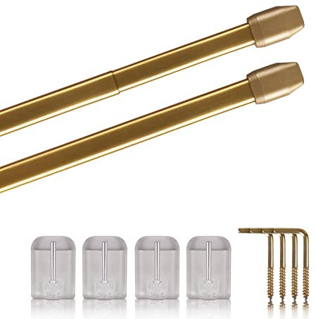 Set di 2 aste per tende estensibili, 2 aste per tende con ganci autoadesivi, fissaggio senza fori (colore ottone lucido, dimensioni: 40-60 cm)
