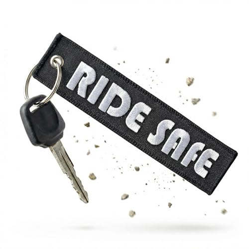 Motorrad Schlüsselanhänger aus Stoff mit Schlüsselring bestickt & kratzfest (130 x 30 mm, schwarz). Ideal für Ihr Motorrad (Ride Safe)