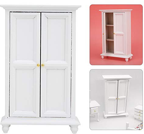 Puppenhaus Miniatur Kleiderschrank 1:12 Mini Möbel Puppenhaus Weiß Holz Kleiderschrank Doppeltür Haushaltsschrank Modell Spielzeug Wohnkultur