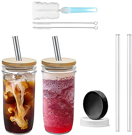 Holwarm 720ml Bubble Tea Becher Einmachglas Glasbecher 2er Set, Trinkglas mit Strohhalm und Anti-Schimmel Bambusdeckel, Weithals Iced Coffee Glas, Mason Glas Tumbler Cup Boba Tea Glas