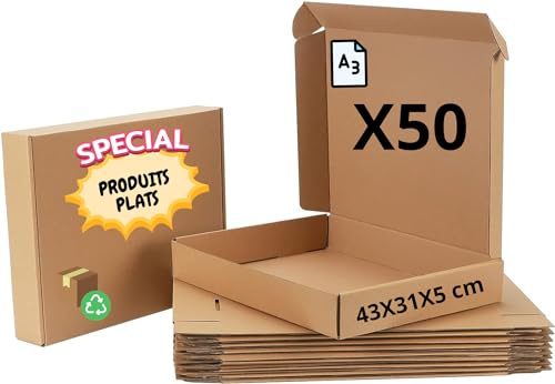 Set di 50 scatole postali extra piatte formato A3 | Dimensioni: 430 x 310 x 50 mm | imballaggio, stoccaggio e spedizione prodotti e oggetti piatti (cornice fotografica, libro, indumento)