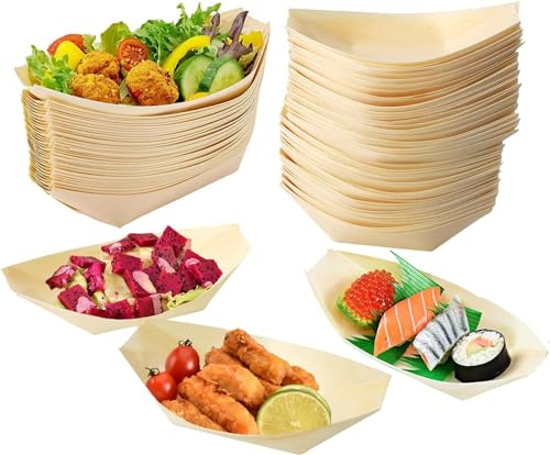 Caoruiy 50Pcs Wooden Boat Set: Biodegradable Disposable Bowls with Natural Pine Material for Hot or Dry Dishes, Eco-Friendly Alternative to Paper & Plastic Plates, Ideal for Parties & Events