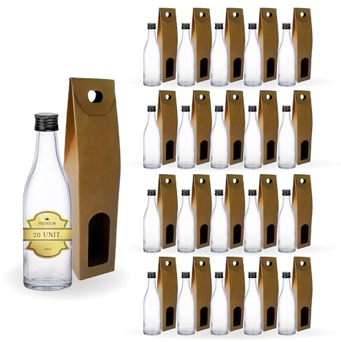 Espirito Rebelde Pack de 20 mini botellas de cristal de 50 ml con tapón de rosca negro y caja - Mini frascos de alcohol de 5 cl, frascos de muestra, regalos de bodas.