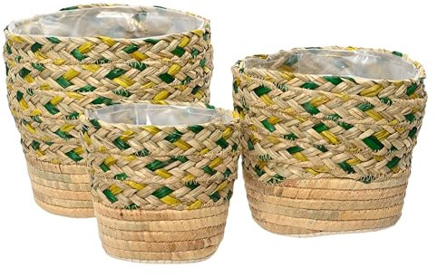 Seegras Blumentopf Korb geflochten 13-19cm 3er Set - Flechtkorb Boho Stil Natur Grün Gelb - Indoor Übertopf Blumen Pflanzen - Deko Blumenkorb Pflanzenkorb - Aufbewahrungskorb Dekokorb